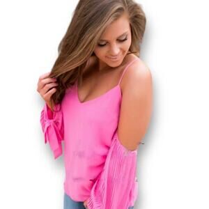 Pink off shoulder blouse by Naked Zebra, women's small pleated sleeve top